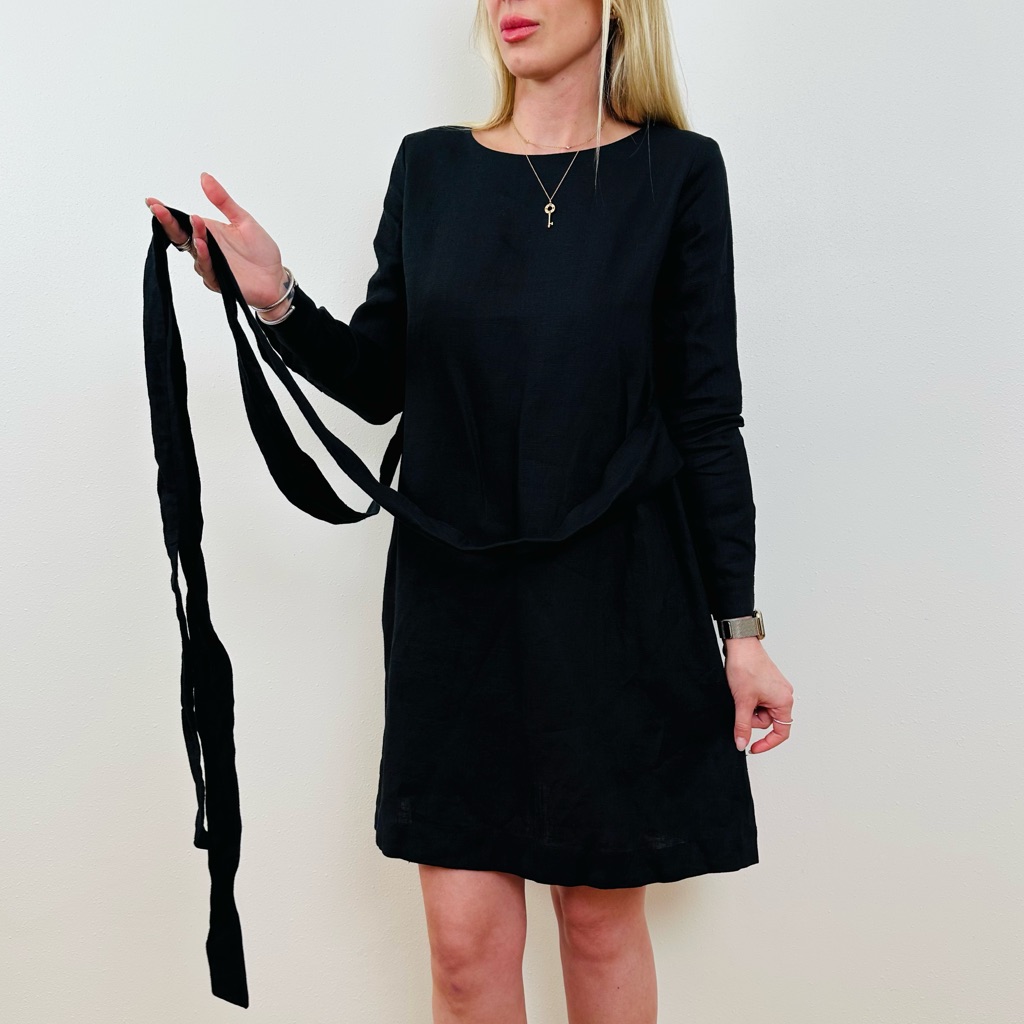 Nich Linen Elegant Black Linen Crew Neck Cuffed Long Sleeves Wrap Mini Dress — image 3 of 8